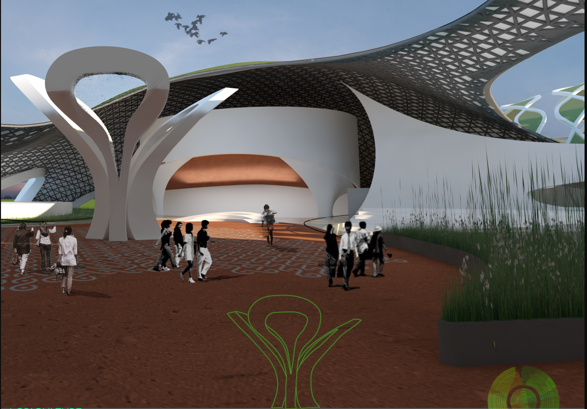 Exterior plaza view with branching white columns supporting a latticed canopy above visitors on paved ground