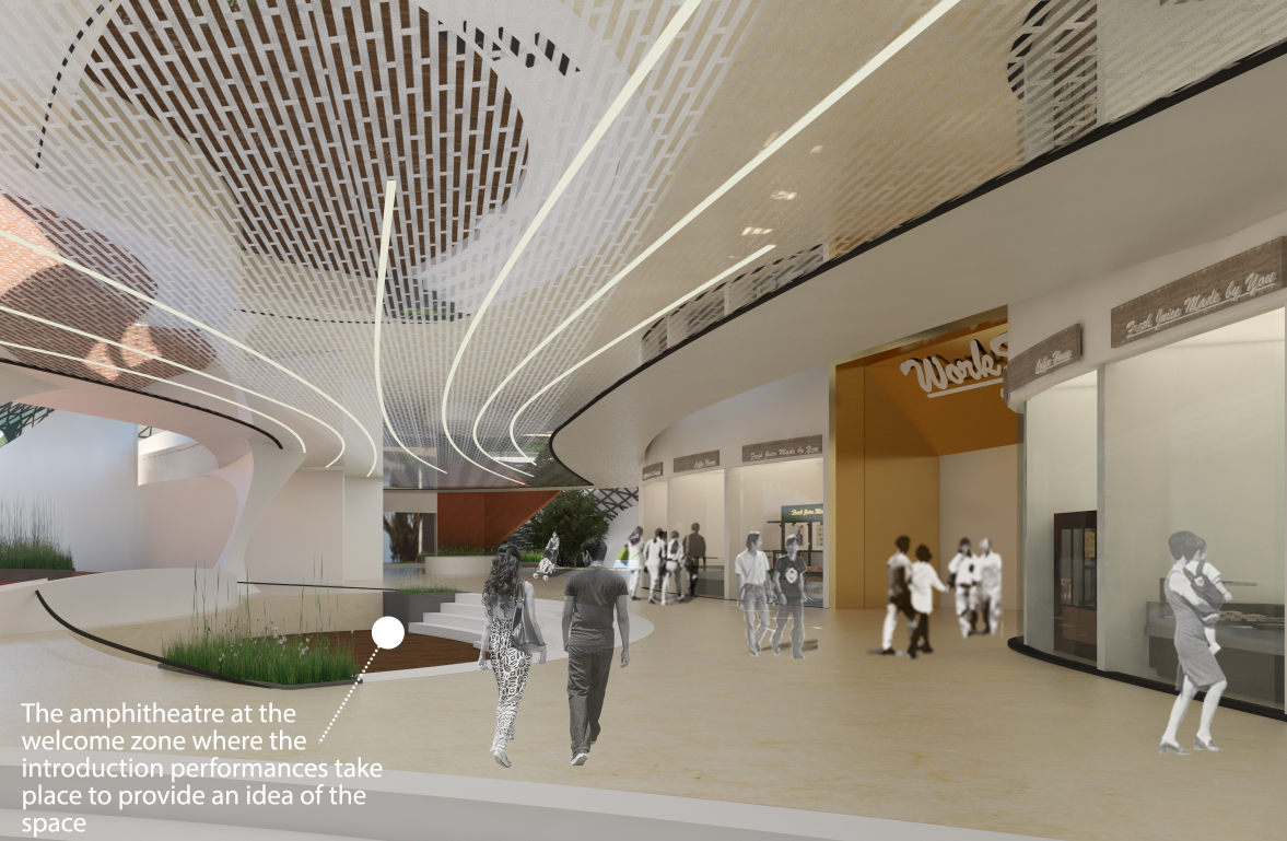 Interior concourse with radiating linear ceiling pattern and planted beds alongside storefronts with walking figures
