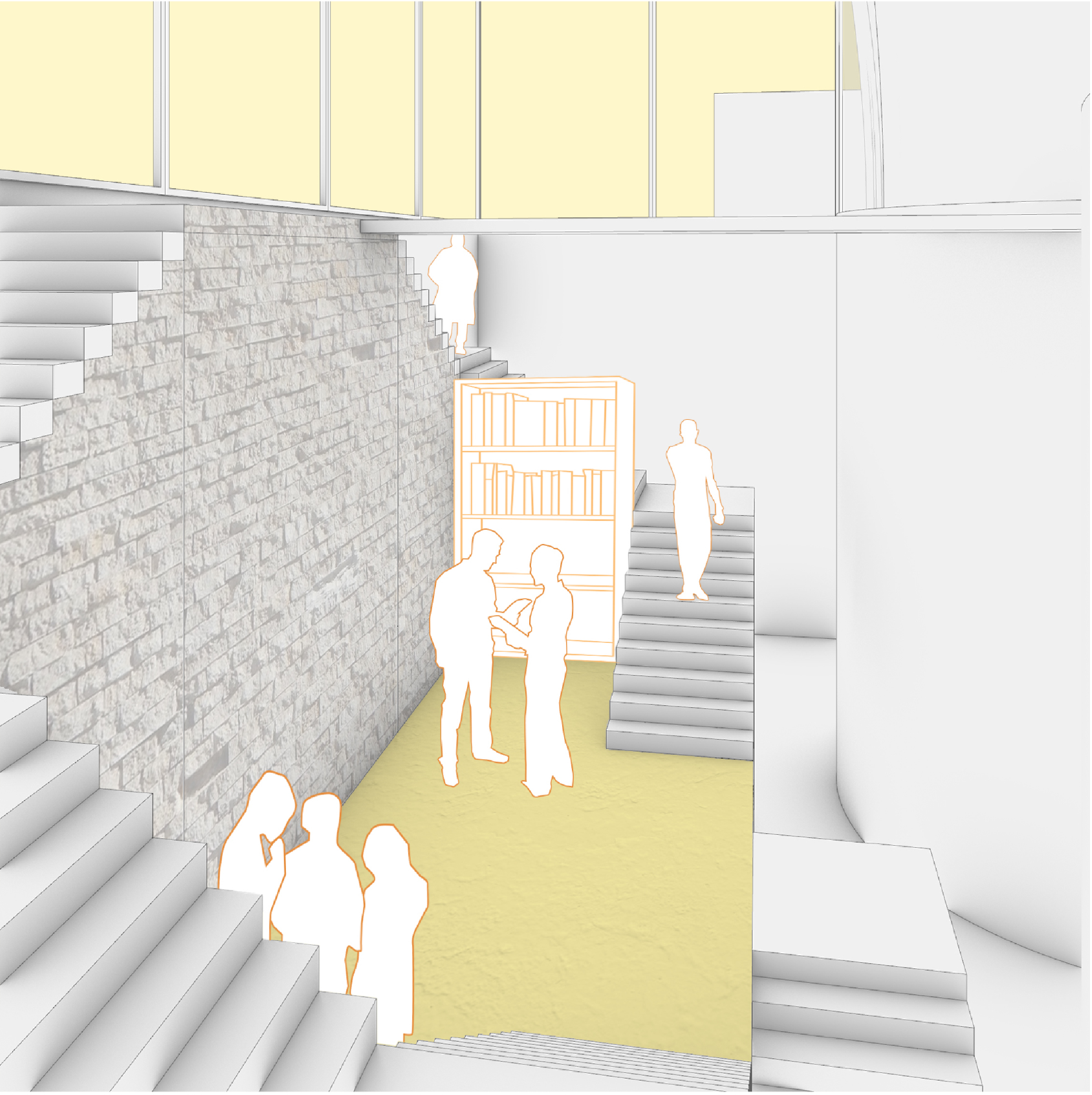 Interior perspective showing textured brick wall, yellow floor, wide stairs and figures near a display case