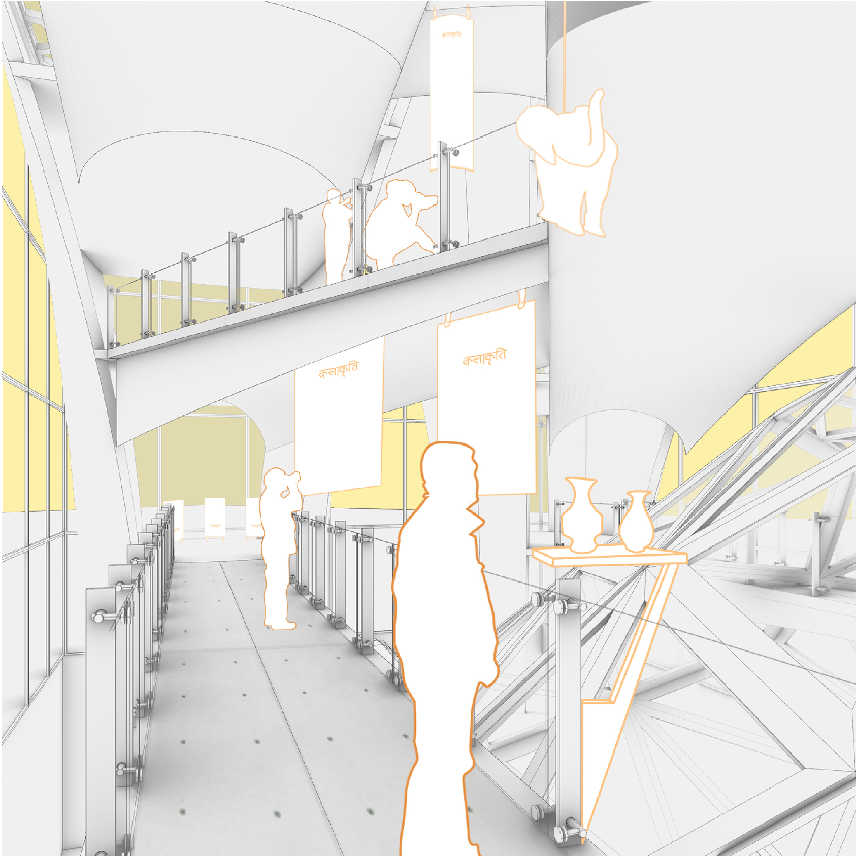 Interior view of mezzanine level with metal railing, pottery displays, escalator and figures under curved white ceiling