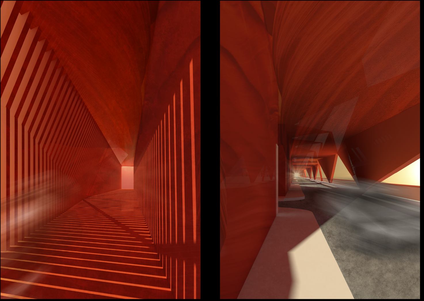 Corridor with ribbed red surfaces receding toward a distant opening and shadowed passage to the right
