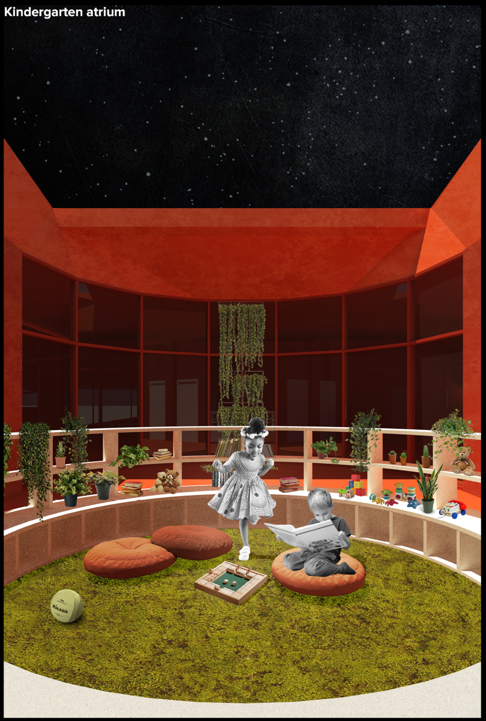 Section rendering of the circular classroom with grass floor, cushions, and hanging plants under a starry opening