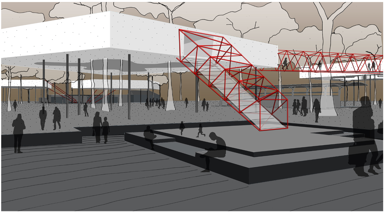 A dynamic view of the Artist Plaza where red structural bridges lift visitors into the floating forest pods.