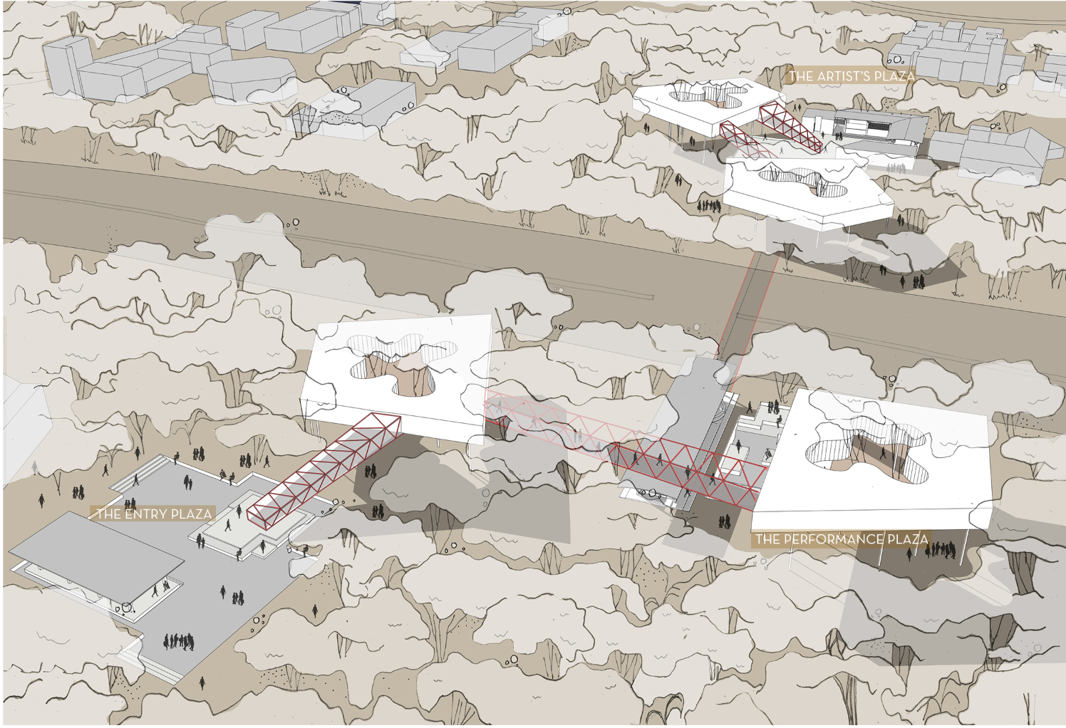 An aerial axonometric showing the distributed cultural network linking plazas and pods through lightweight bridges.
