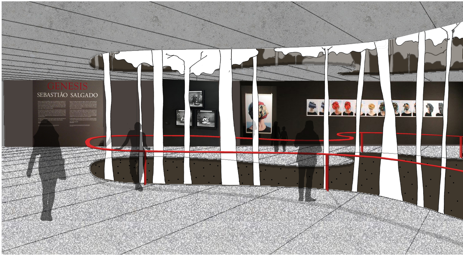 Exhibition pod interior where trees rise through organic voids, merging nature with gallery space.