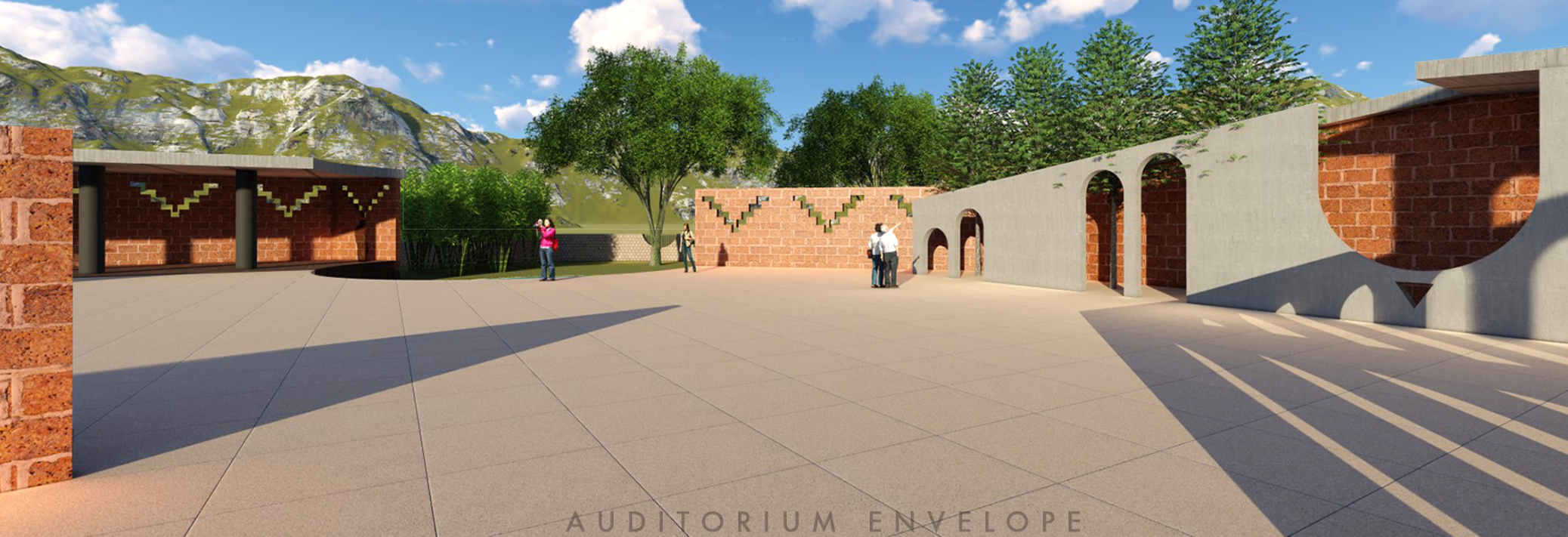 Exterior plaza with red brick volumes, arched openings, and visitors walking under a sunny afternoon sky