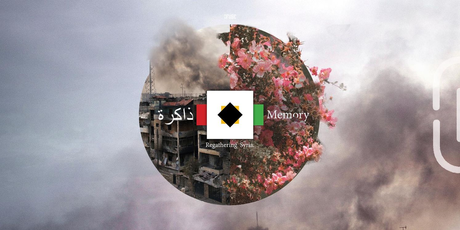 Circular collage combining damaged concrete frame with flowering branches over smoky background