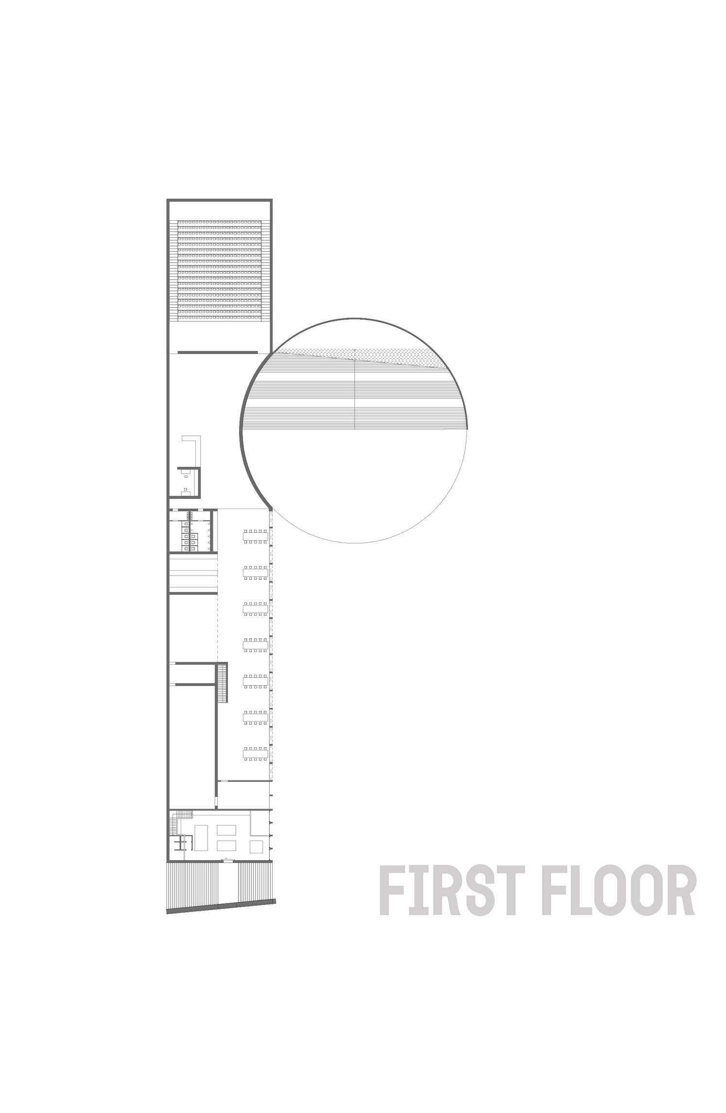 First floor plan drawing showing linear wing with circular roof detail inset