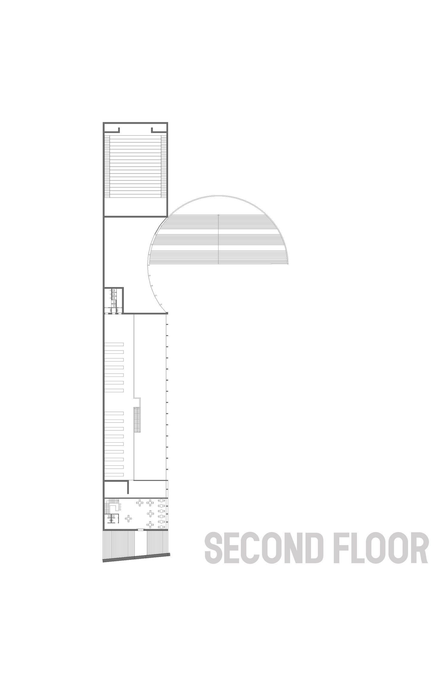 Second floor plan drawing showing linear wing with circular roof detail inset