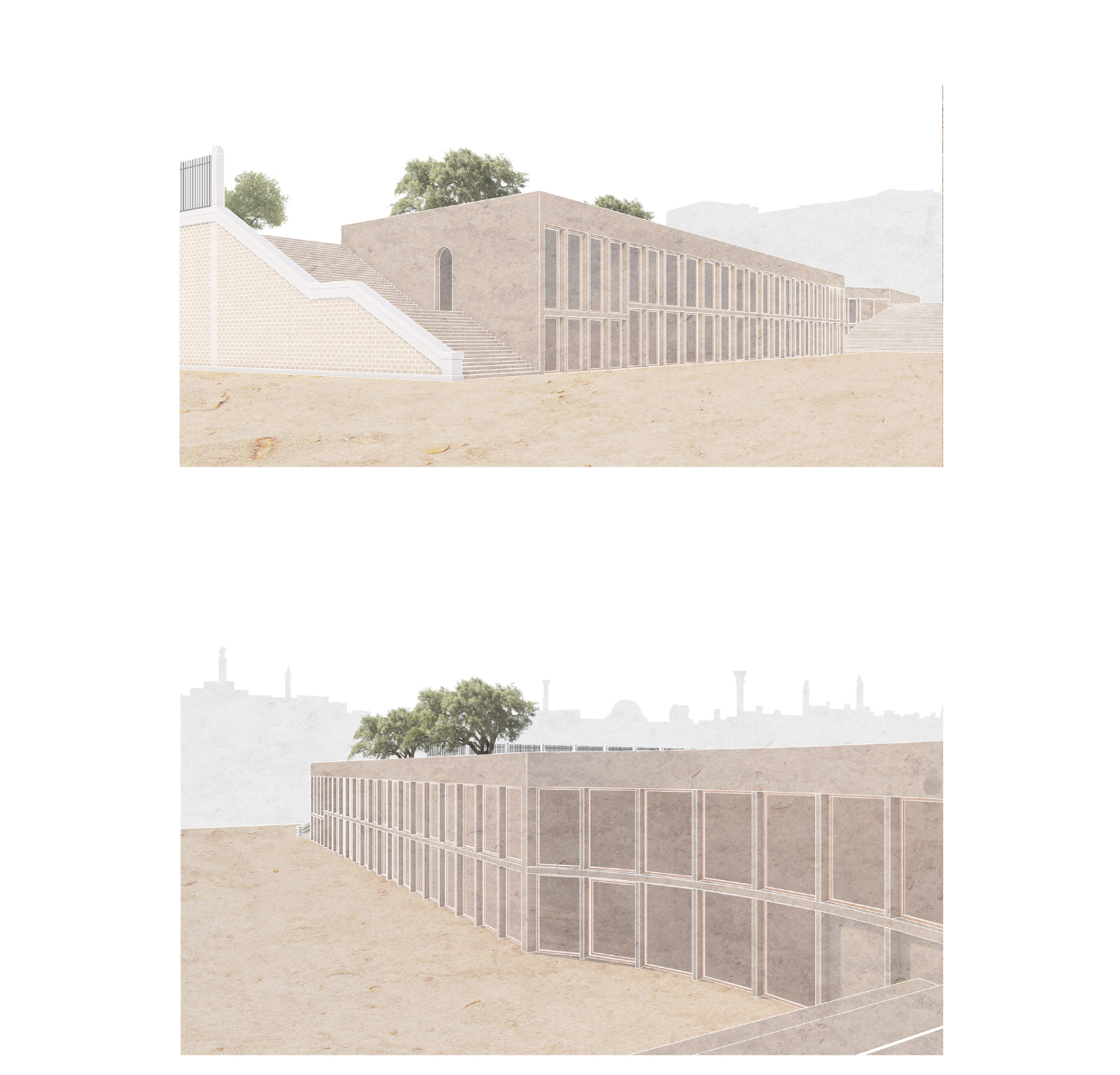 Elevation rendering showing stepped facade with vertical louvres flanking gridded stone walls