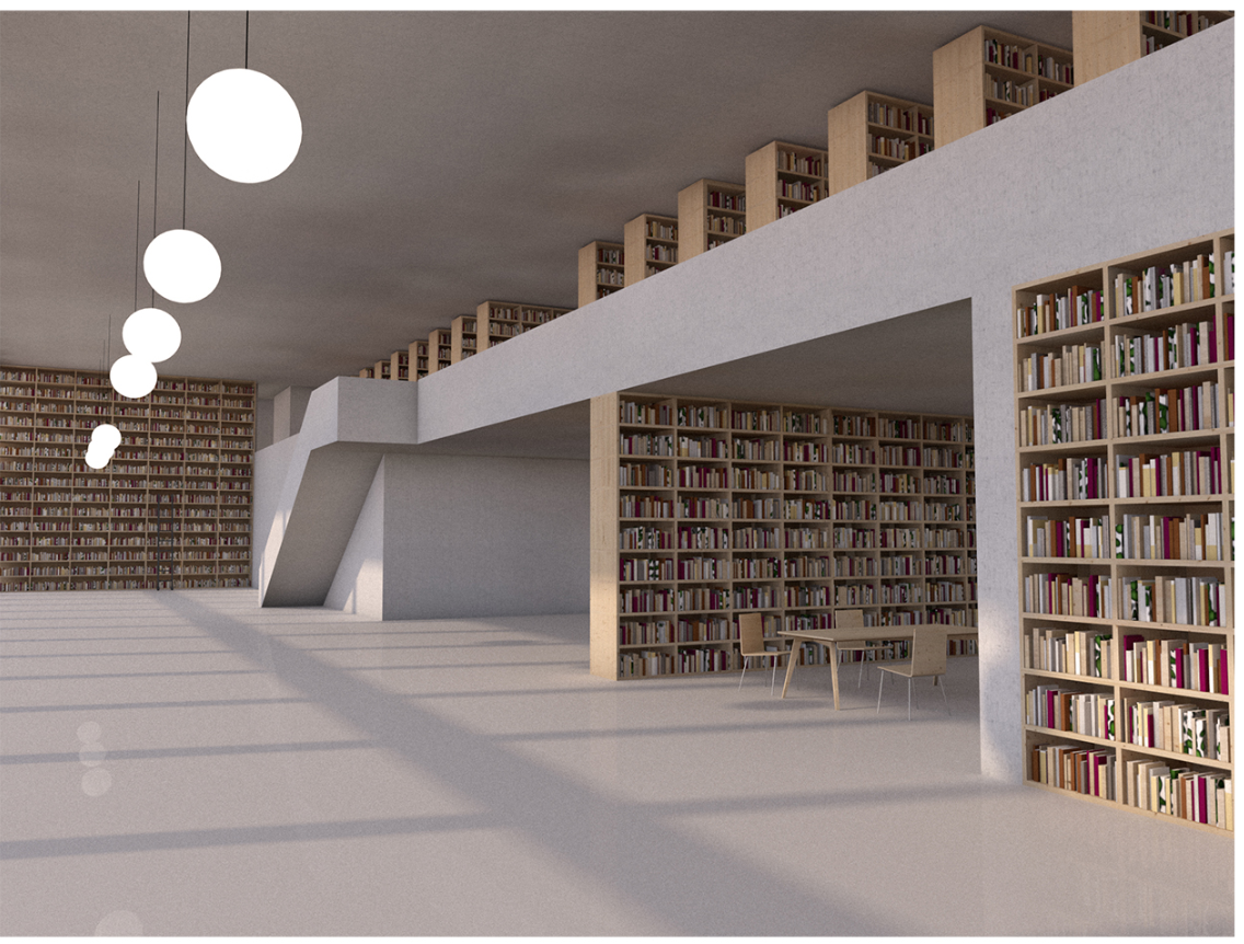 Interior rendering of library with floor-to-ceiling bookshelves and spherical pendant lights above staircase