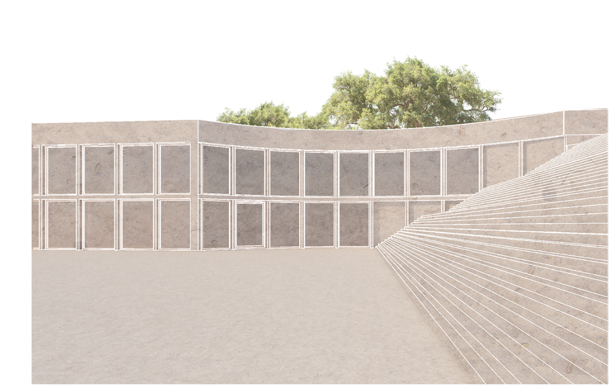 Courtyard rendering with curved gridded facade and stepped seating beside mature tree canopy