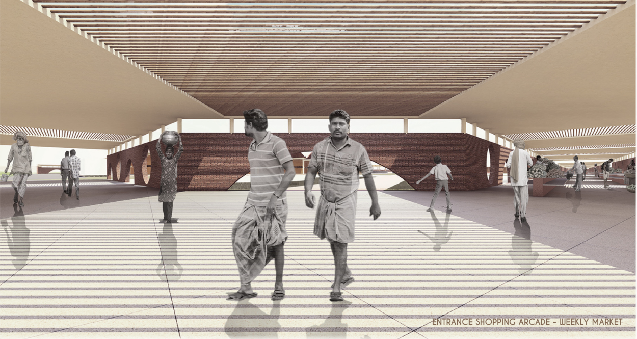 Entrance shopping arcade, designed to accommodate the weekly market and regional trade flows.