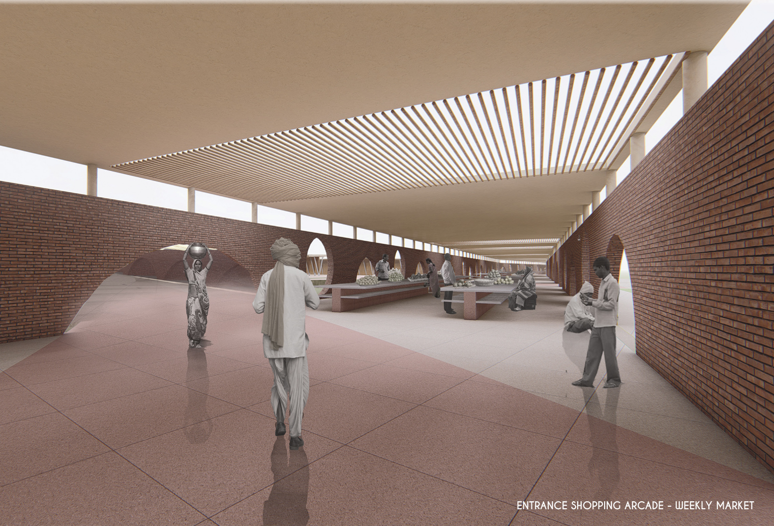 Shaded market spine, using brick walls and perforated openings to balance enclosure and permeability.