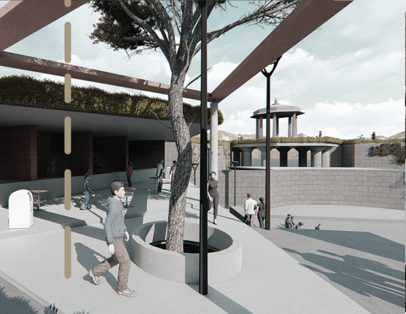 A shaded public concourse where landscape, structure, and movement intersect, introducing visitors to the experiential narrative of VARSA.