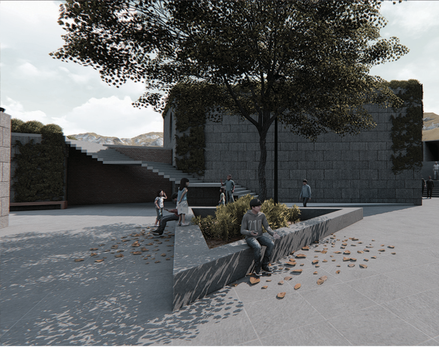 An elevated pavilion reinterpretates traditional architectural forms, framing expansive views across the surrounding terrain.