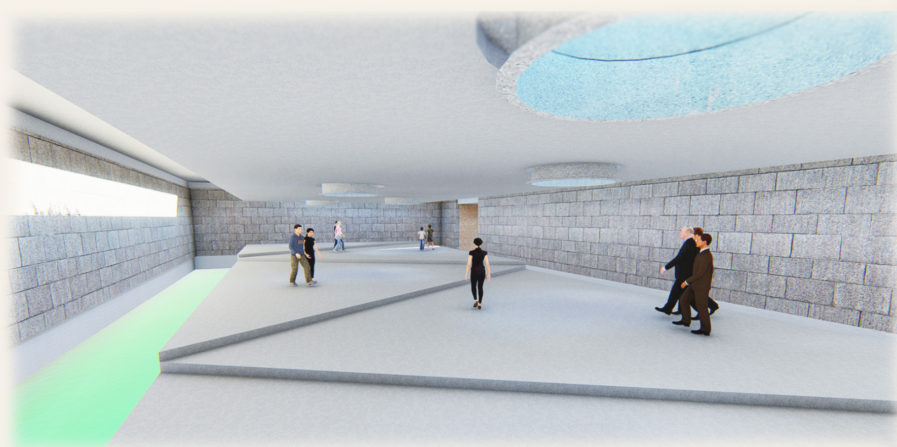 Angular stone walls compress and release space, translating historical conflict into architectural experience.