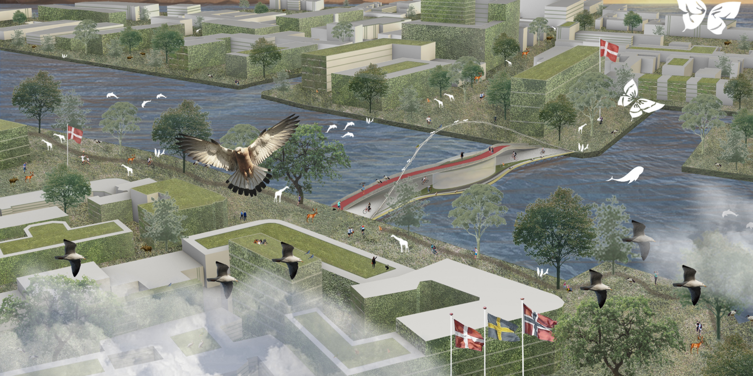 Aerial view of the City Link integrating urban fabric, water, and wildlife into a shared ecological corridor.