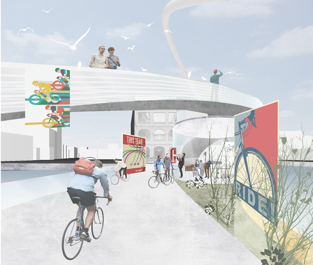 Exterior perspective showing the bridge as a civic promenade for cyclists, pedestrians, and birds.