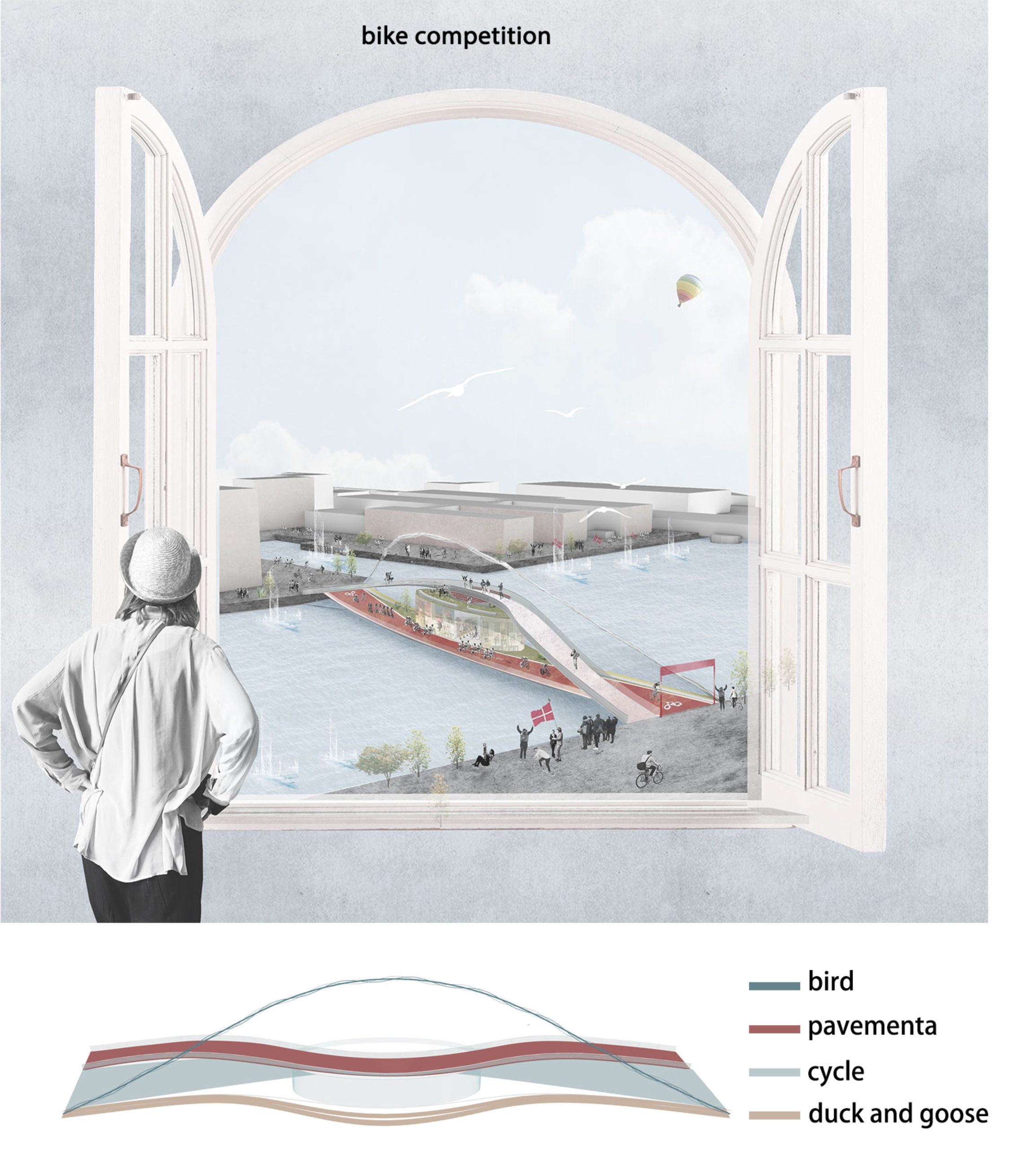 Conceptual view framing the bridge as a dynamic urban stage during public bike events.