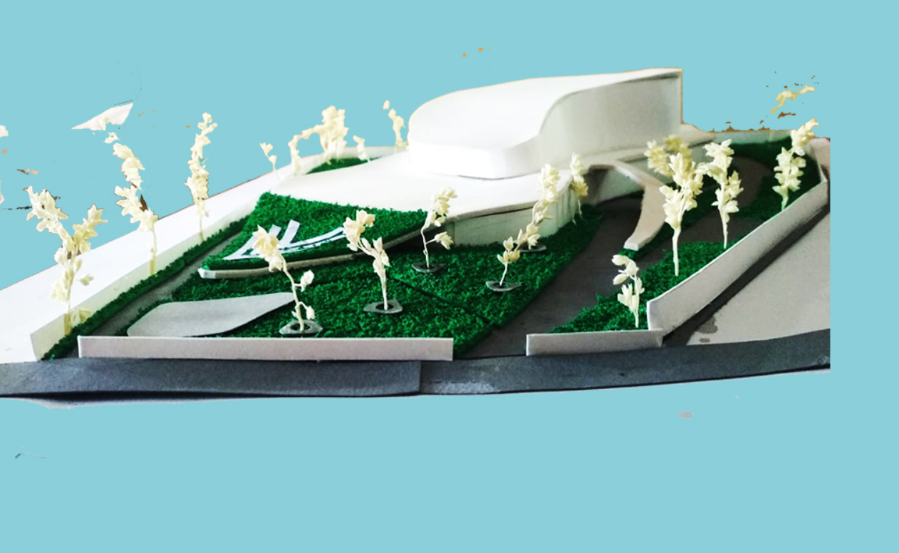 Physical model illustrating the wave-inspired massing integrated with landscape contours.