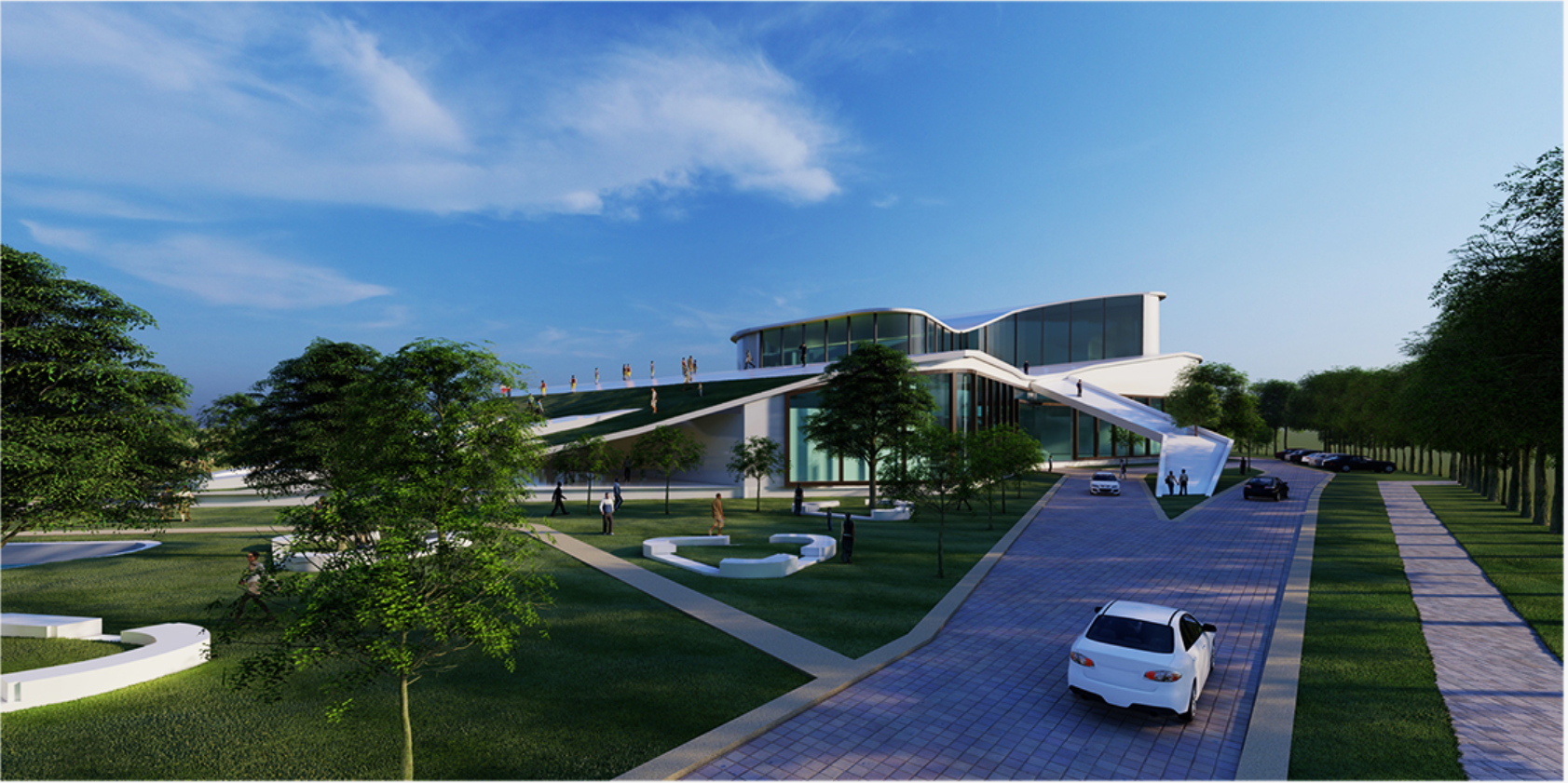 Overall exterior view highlighting the sculptural form and layered circulation system.