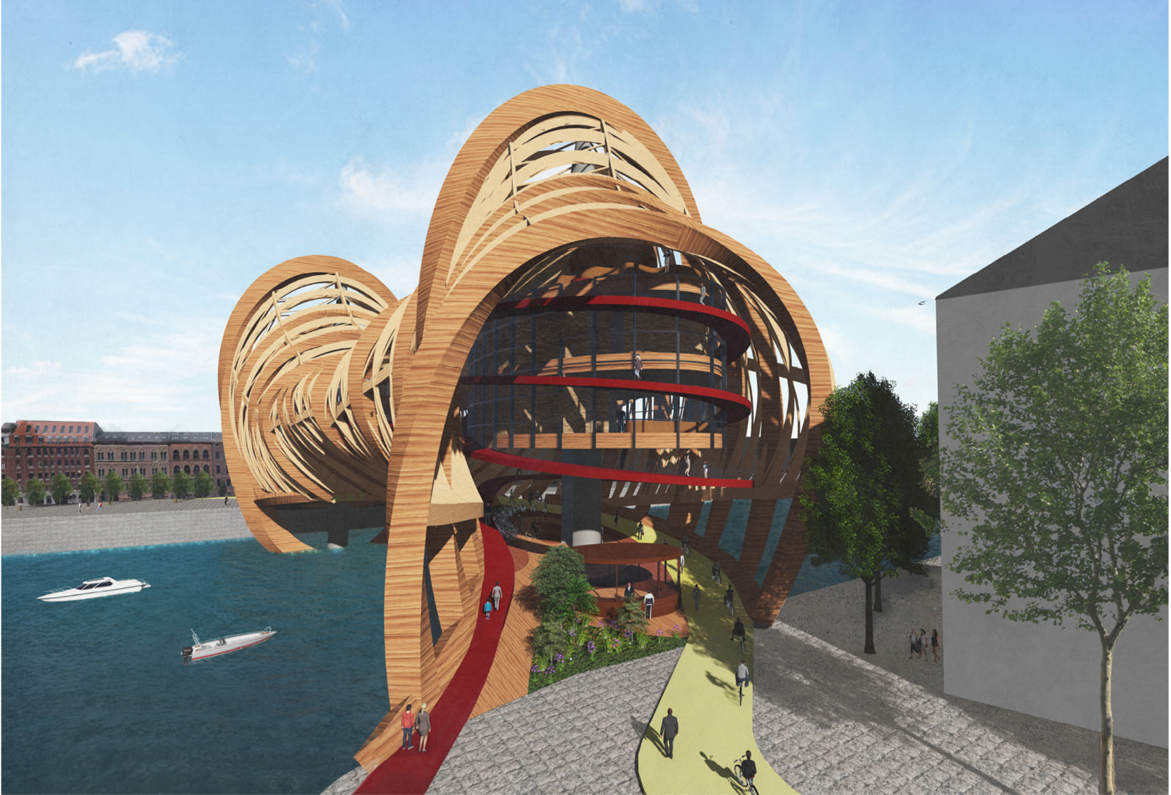 Overall perspective showcasing the timber exoskeleton and multi-level public circulation of Ovaland Bridge.