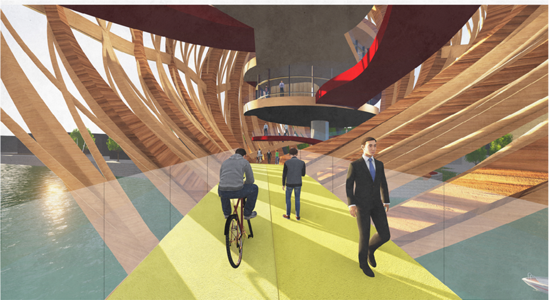 The fast track at the centre enables seamless movement for cyclists and pedestrians through the bridge core.