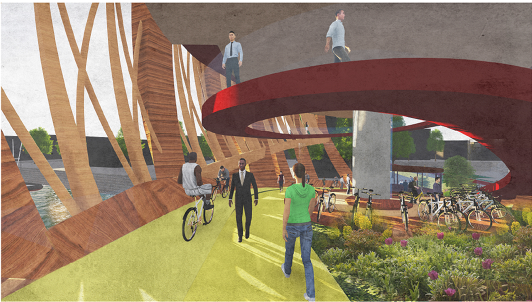 Interior view highlighting the slow track, greenery, and layered pedestrian experience within the bridge.
