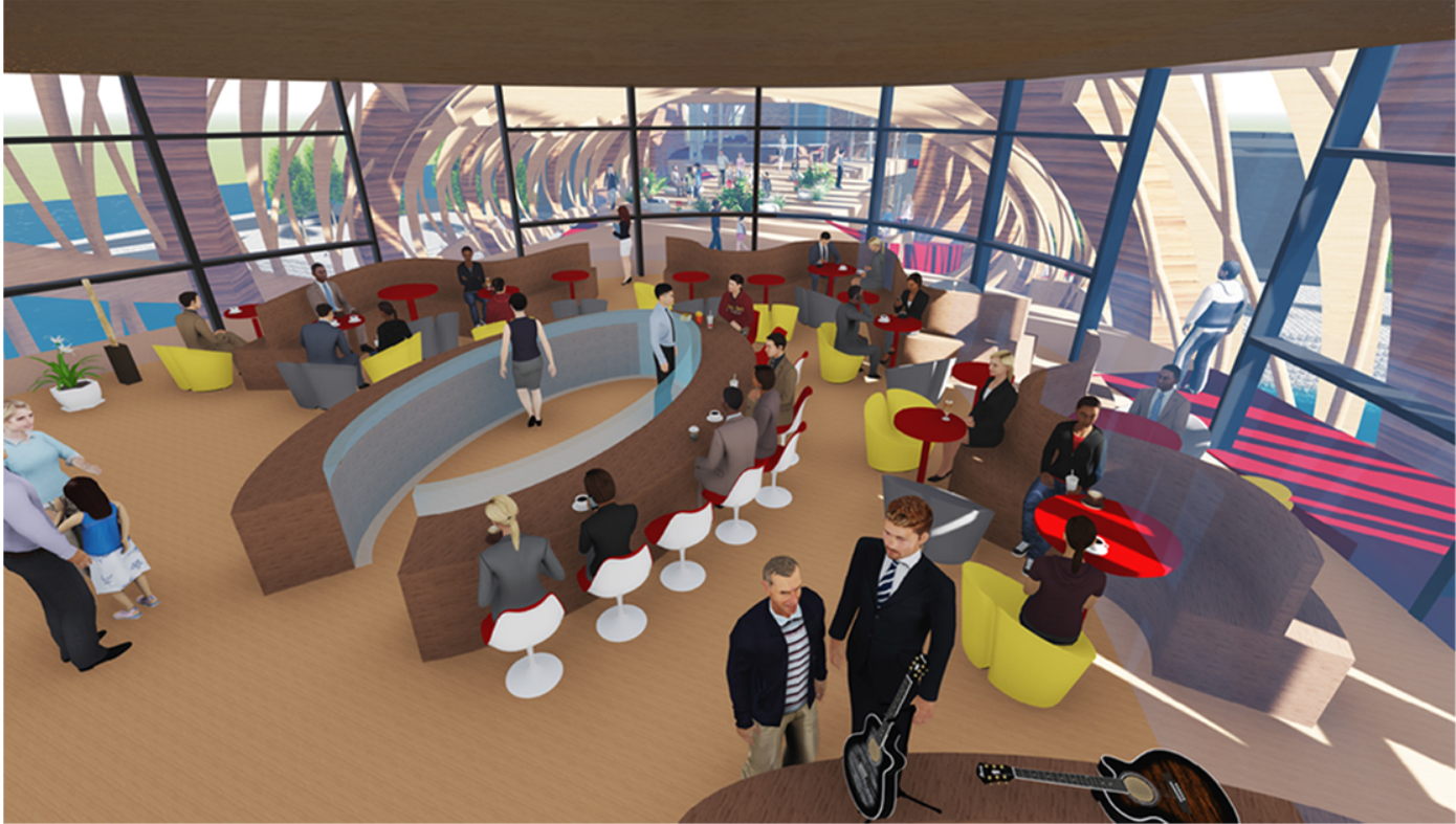 Second-floor café and retail space overlooking the canal, activating the bridge as a social destination.