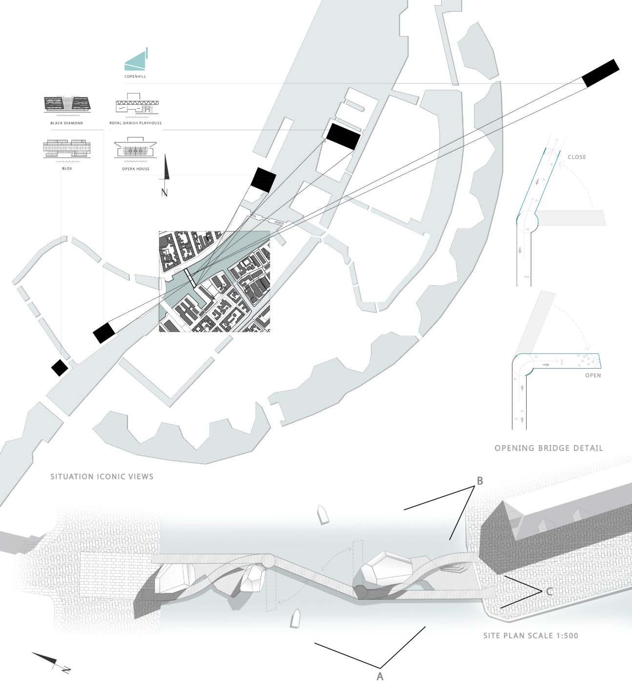 Site plan drawing showing waterfront development with central built area and flanking open spaces