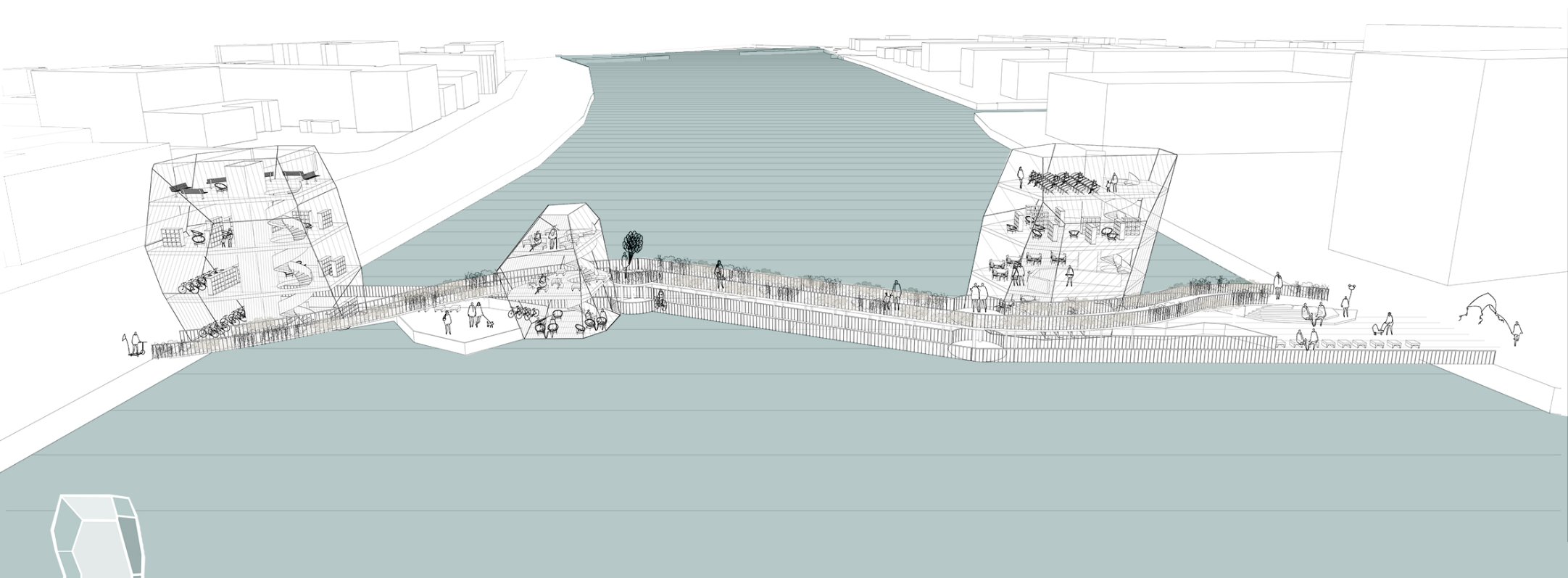 Section drawing depicting elevated pedestrian promenade bridging waterway with figures and trees along the path
