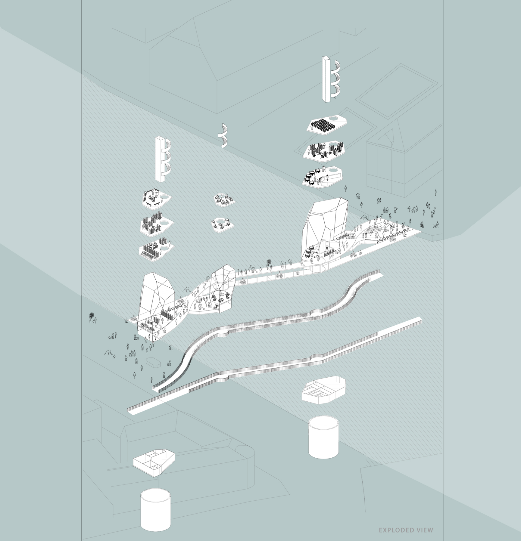 Exploded axonometric view showing floating program elements above a waterfront pathway with scattered pedestrian activity