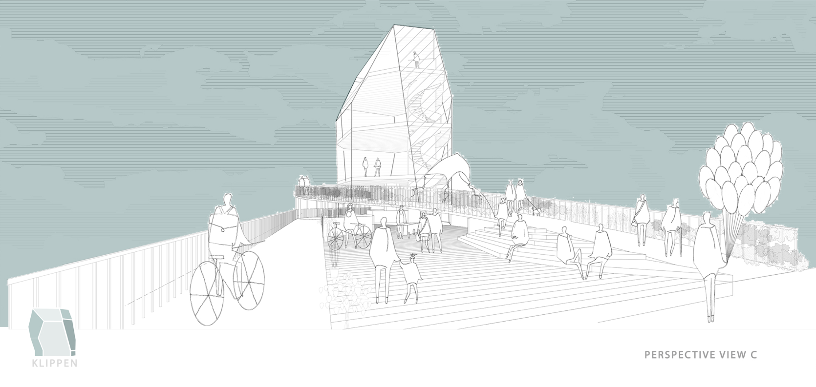 Perspective drawing of elevated plaza with pedestrians and cyclists approaching angular white pavilion structure