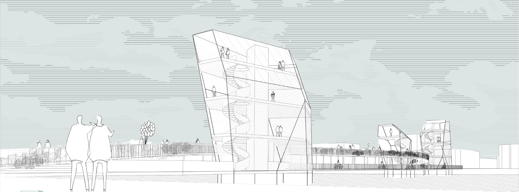 Elevation drawing showing faceted glass pavilions on waterfront plaza with pedestrians and leafless trees