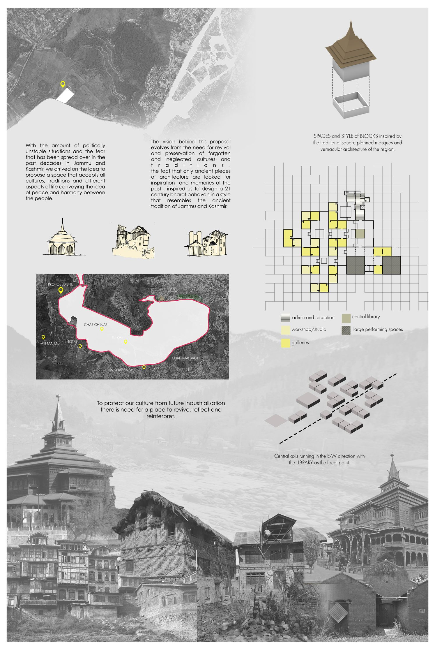 A proposal rooted in Kashmir’s vernacular identity, mapping cultural nodes and reviving traditional architectural forms to create a shared space of harmony and reflection.