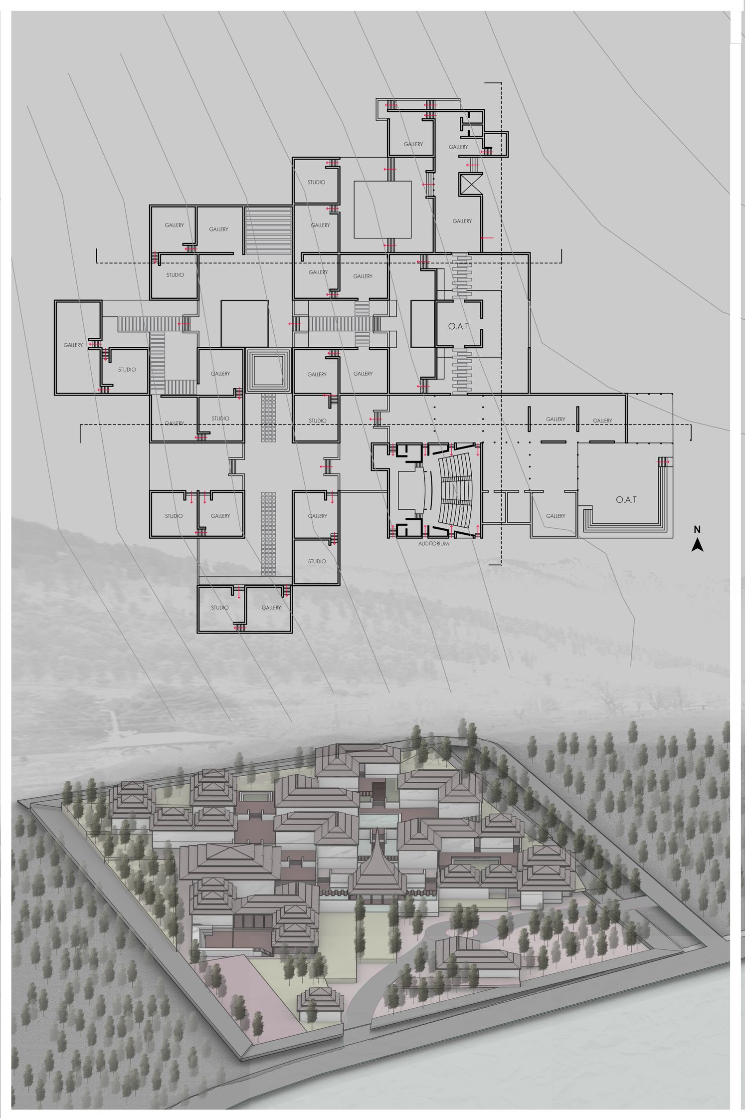 A modular campus layout organized around a central axis, combining galleries, studios, performance areas, and a library inspired by traditional Kashmiri settlement patterns.