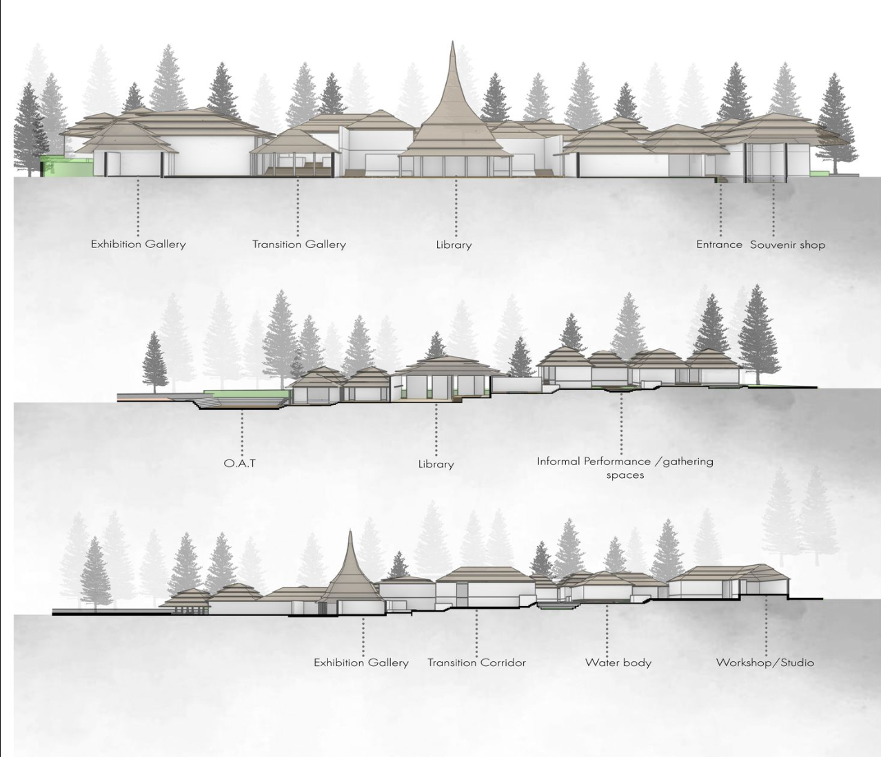 Sectional studies reveal tiered roofscapes, interconnected courtyards, and context-responsive spatial volumes echoing the rhythm of Kashmiri vernacular architecture.