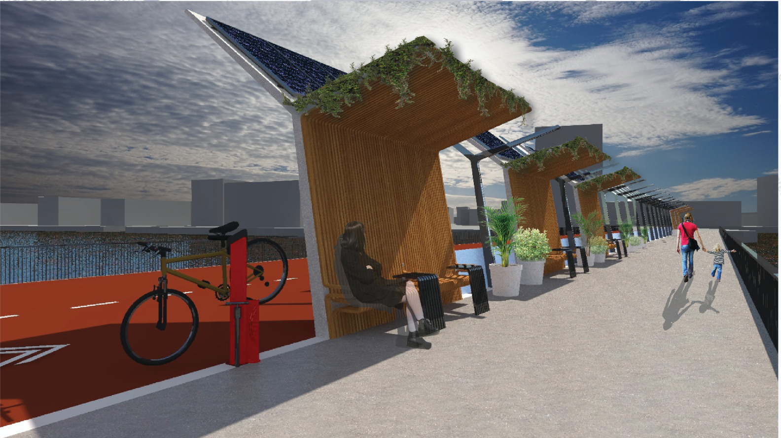Timber-clad seating modules with integrated solar panels transform the bridge into a shaded public space for pedestrians and cyclists.