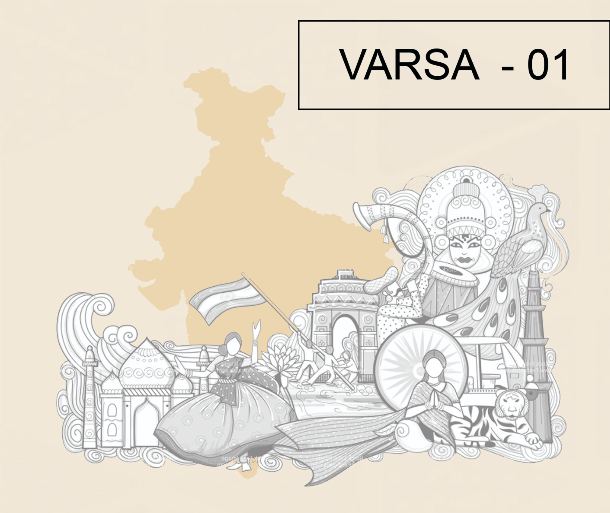 Illustrated site plan drawing with regional map outline and symbolic cultural monuments in decorative composition