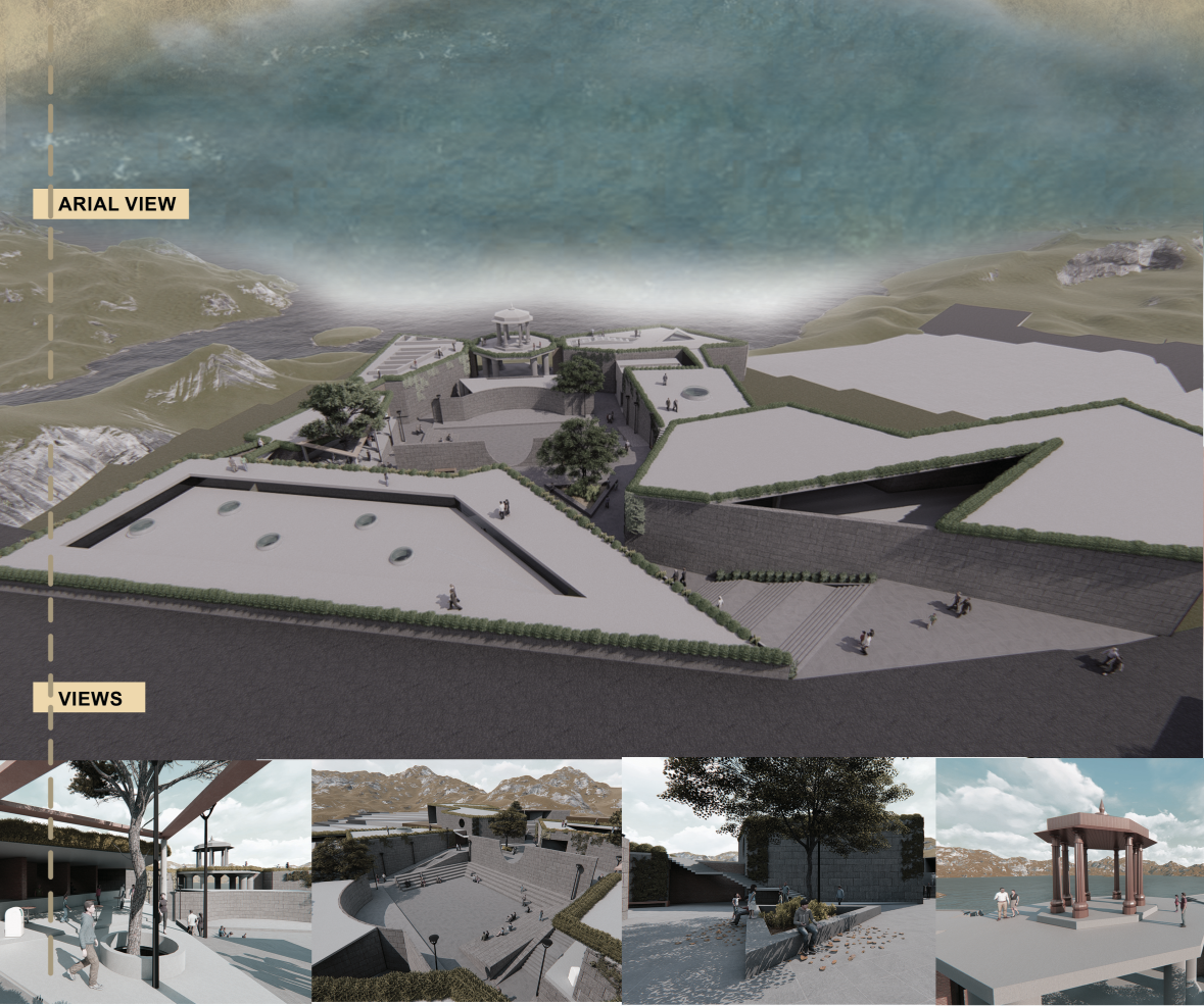 Aerial view rendering of the angular plaza and courtyard volumes set in rolling terrain under stormy skies