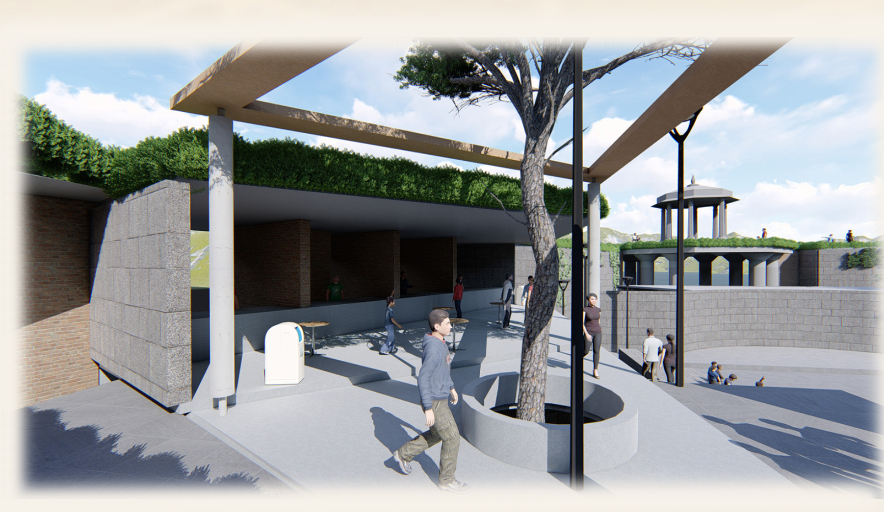 Rendered courtyard view with concrete canopy structure sheltering a sunken circular gathering space and visitors