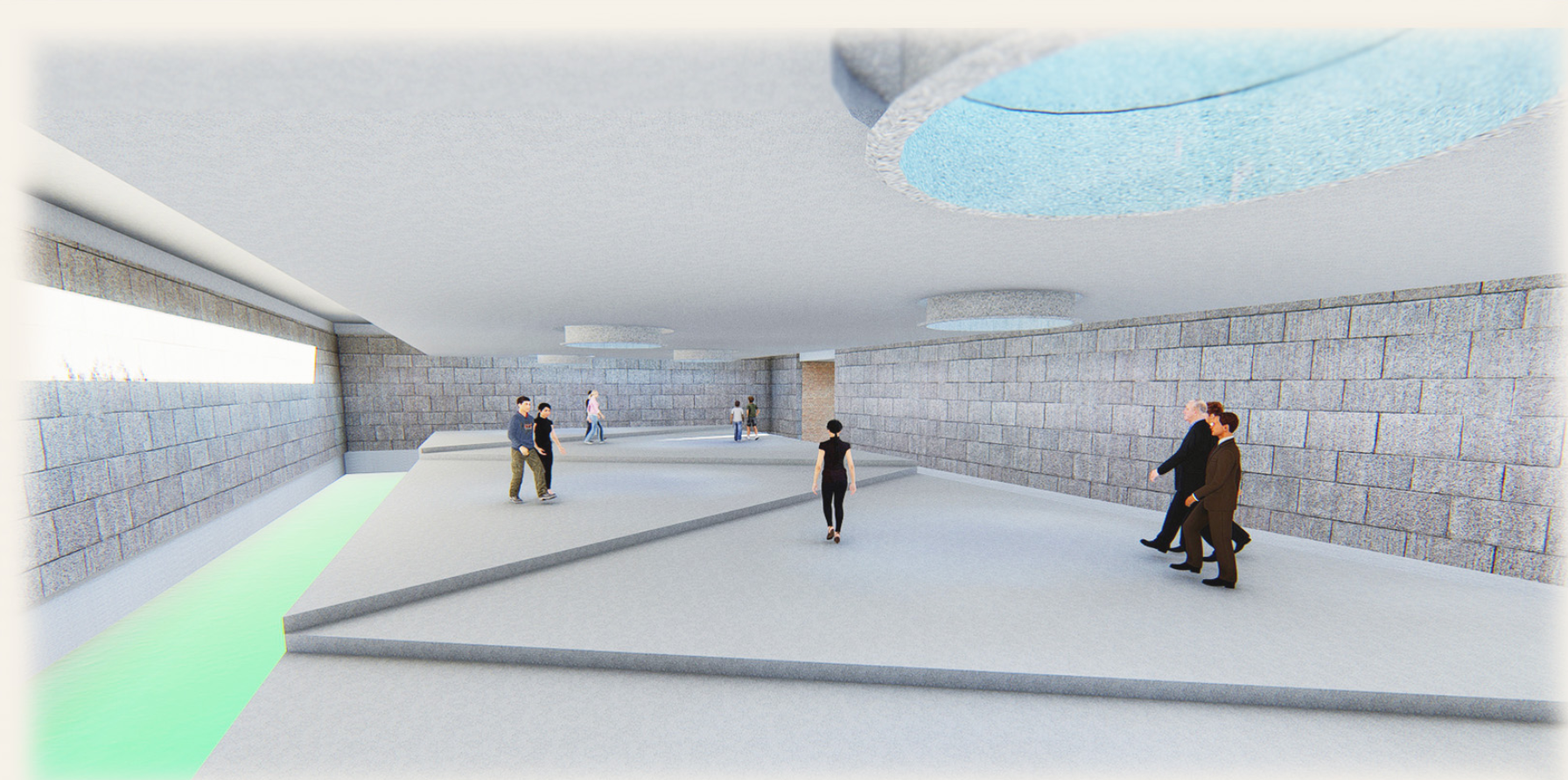 Interior rendering of the concrete block hall with clerestory glazing and circular skylight above visitors