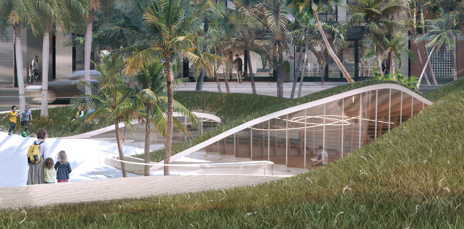 Curved glass pavilion with arched roof emerging from landscaped berms planted with grasses and palms