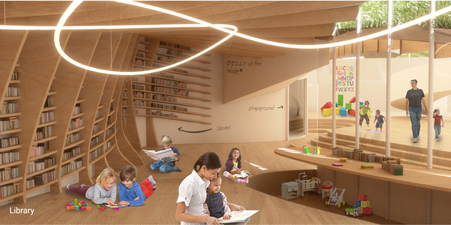 Interior library space with curved timber shelving and pendant ring lighting above children reading on the floor