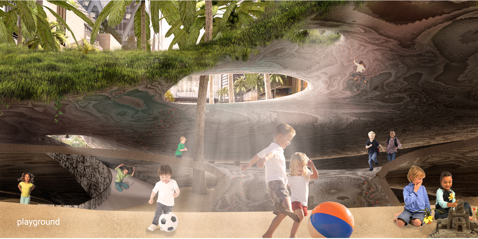 Underground play cavern with carved rock formations and oval skylights bringing daylight to children below