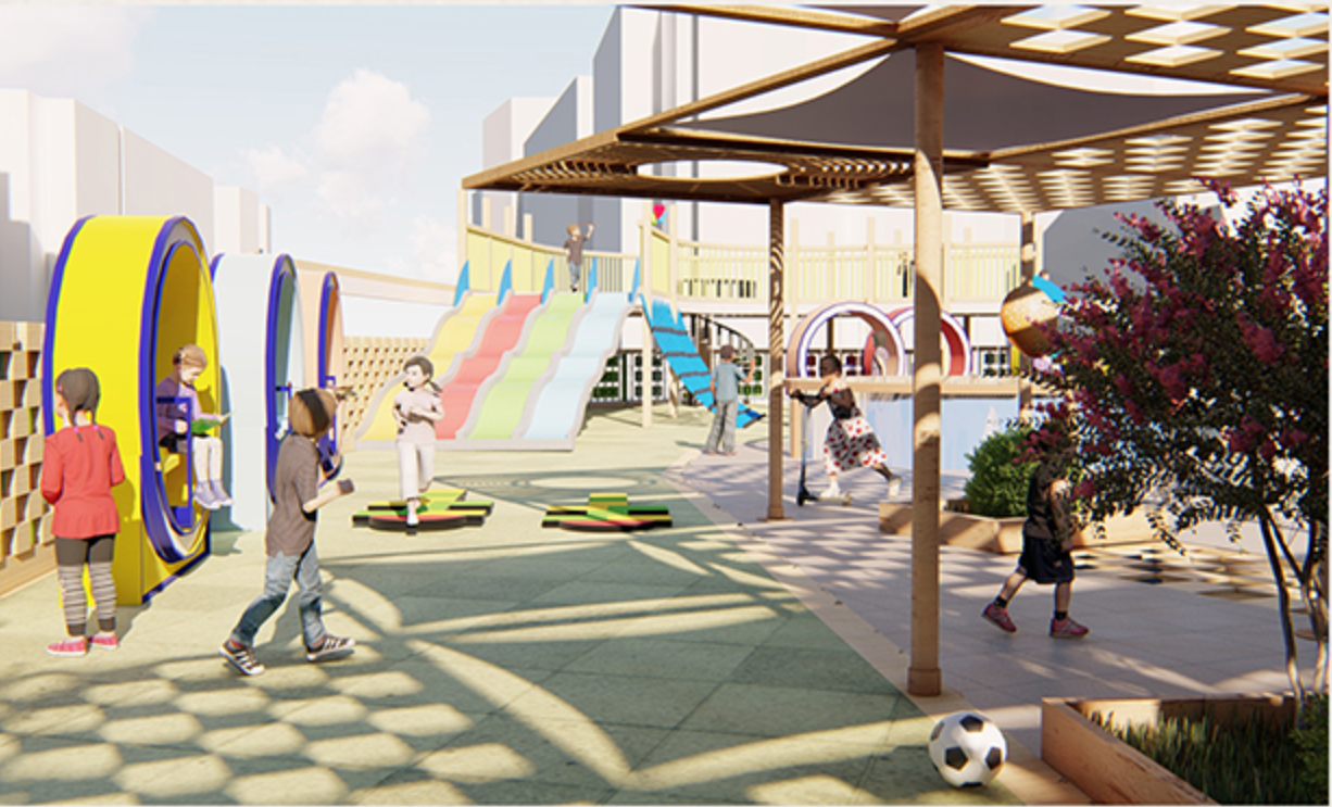 Shaded outdoor playground integrating passive cooling, controlled sunlight, and safe exploratory movement for children.