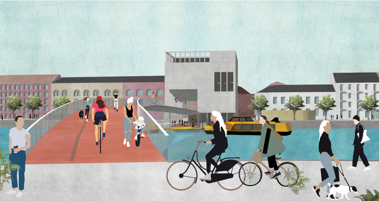 Multimodal bridge connecting pedestrians, cyclists, and harbor transport across Copenhagen’s waterfront.