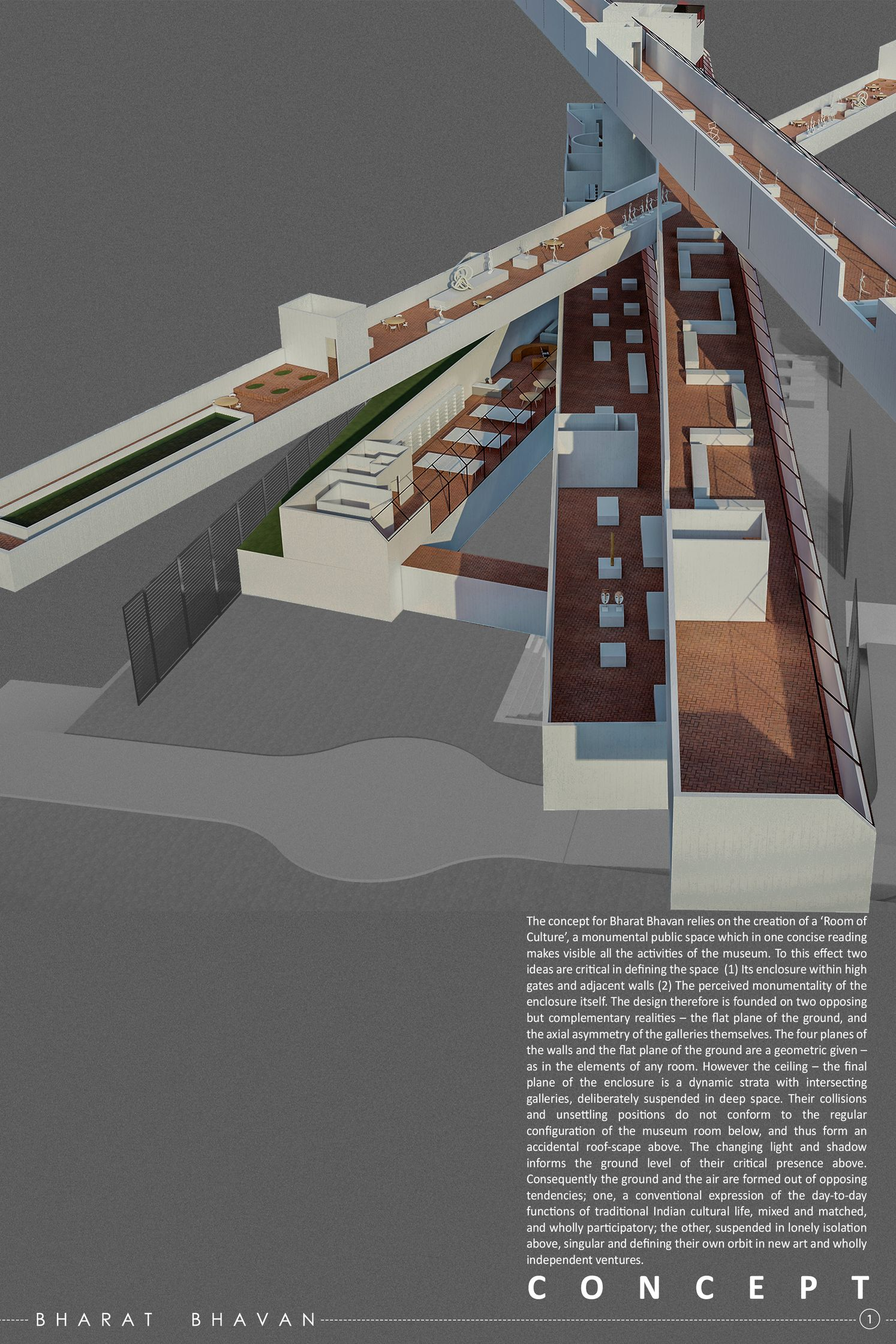 A layered spatial composition defining the “Room of Culture,” where suspended galleries intersect above a monumental public ground.