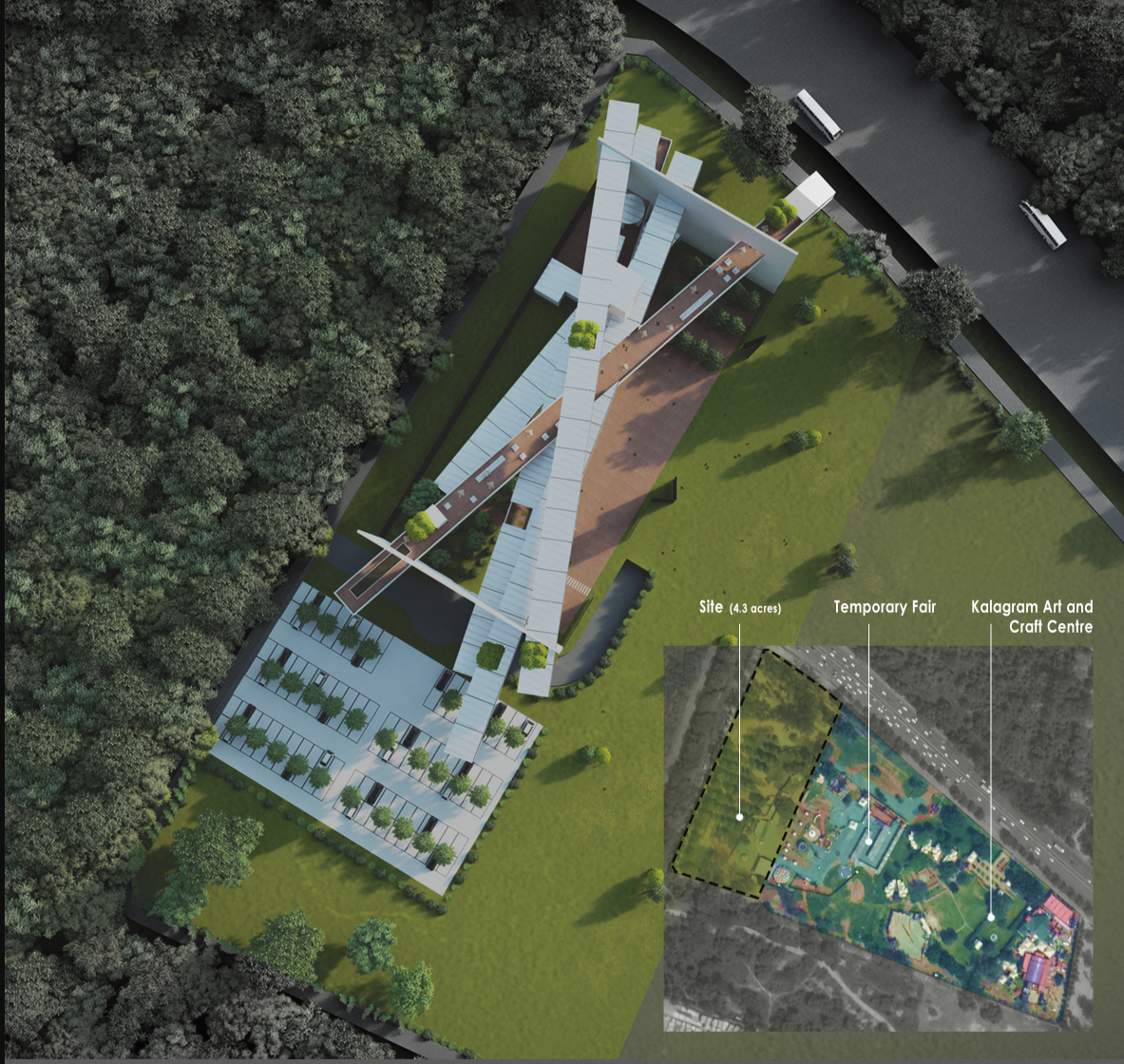 Bharat Bhavan positioned as a cultural intermediary between Chandigarh’s modernist fabric and Kalagram’s craft landscape.